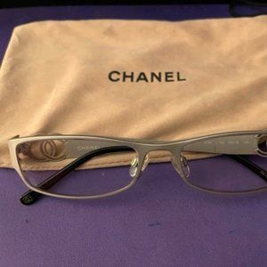 Authentic Chanel Eyeglass Frames; matte silver/metal; logo on sides